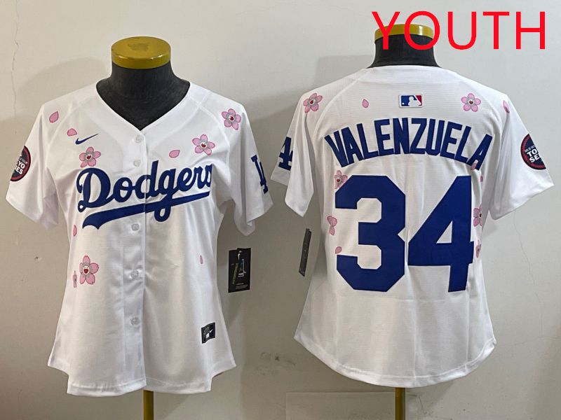 Youth Los Angeles Dodgers 34 Valenzuela White Sakura Edition 2025 Nike MLB Jersey style 1